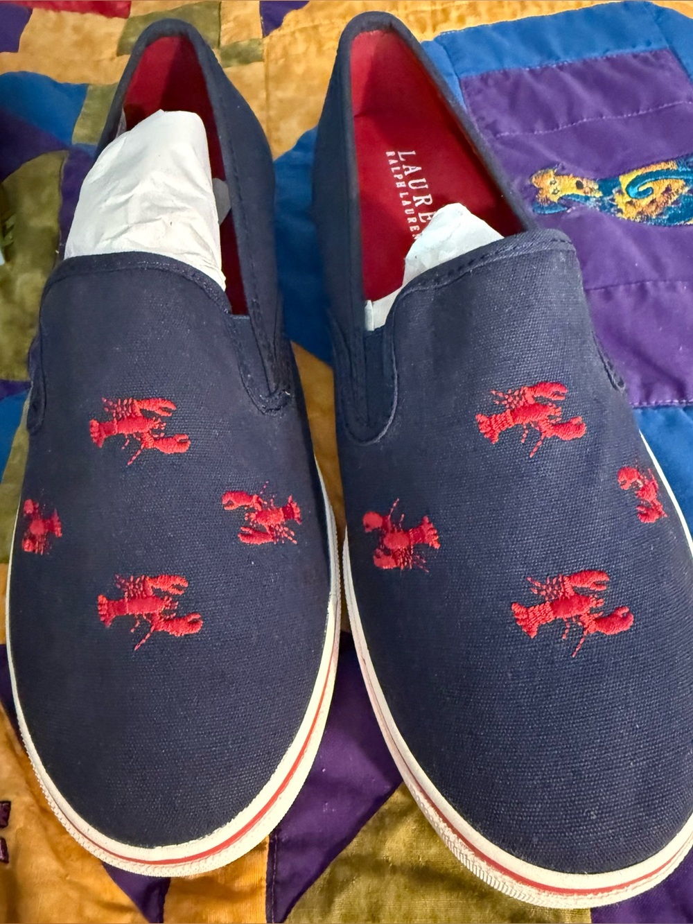 Ralph Lauren Navy Canvas Slip-Ons with Red Embroidered Lobsters